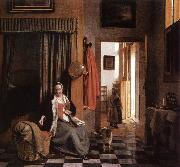 HOOCH, Pieter de, Mother Lacing Her Bodice beside a Cradle s